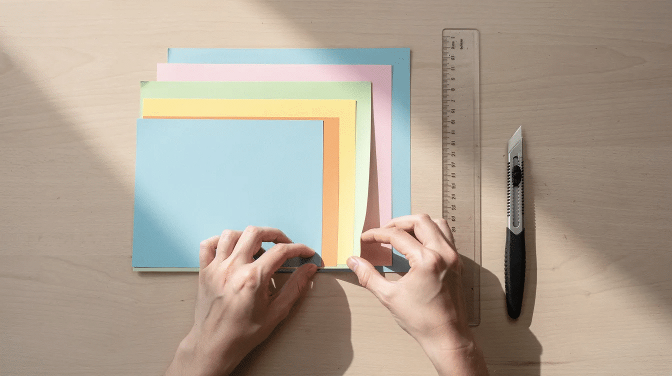 In the image hands are carefully arranging colorful paper sheets on a non stick surface with a craft knife and ruler nearby showcasing the preparation process for creating paper quilling strips The scene highlights the essential quilling supplies needed to begin crafting intricate quilling creations