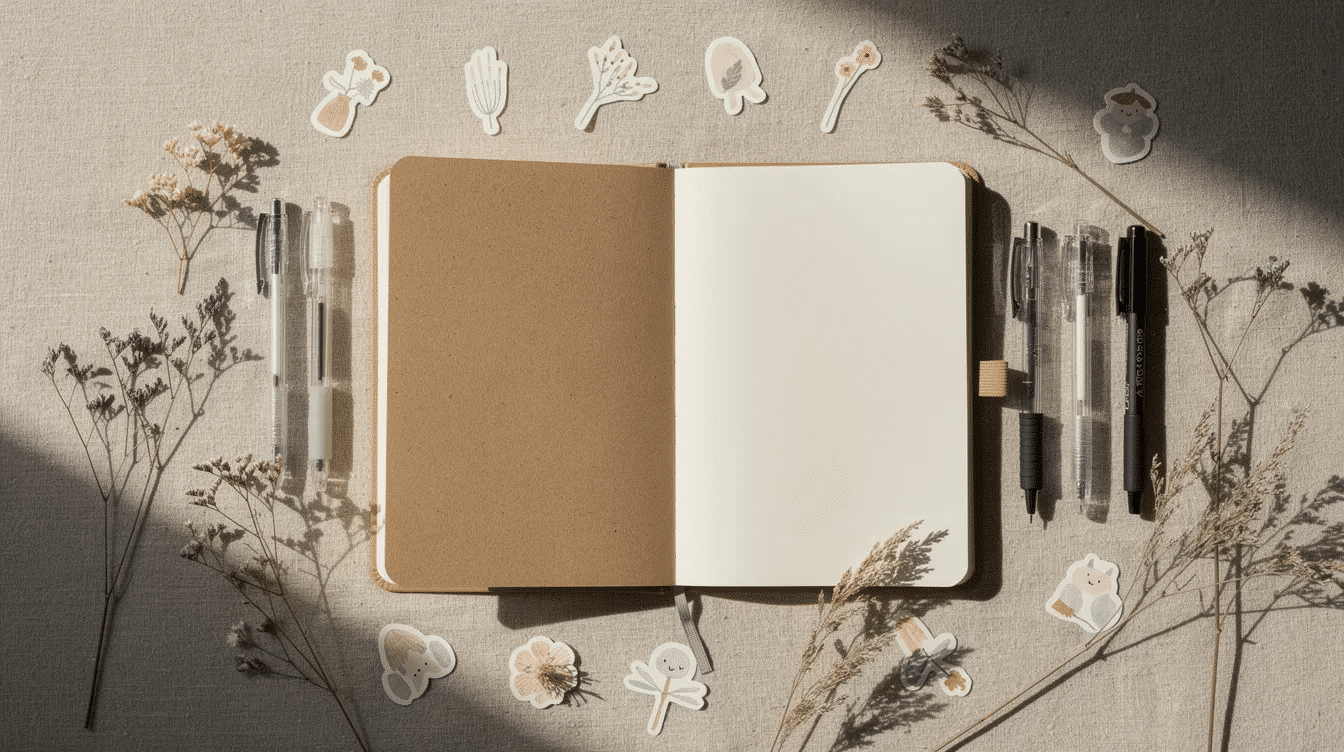 A flat lay features an arrangement of aesthetic stickers a notebook colorful pens and delicate dried flowers creating a visually pleasing scene perfect for journaling and inspiration This setup invites viewers to discover Pinterest's best ideas for personalized experiences and to try out new things in their creative pursuits.