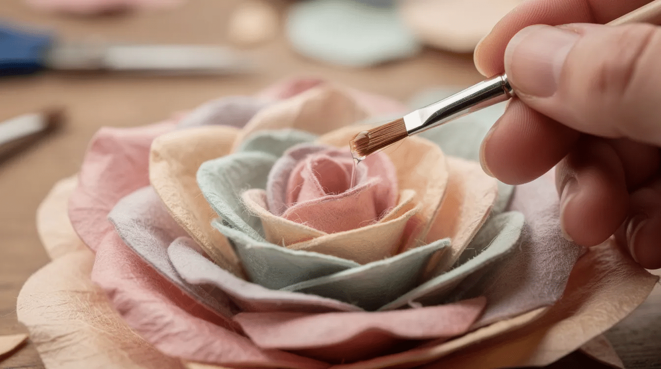 721959dd bd55 48ff accc 637d4672d2f4 A close up image shows layered paper rose petals being glued together with hot glue highlighting the intricate details of each petal as they are carefully attached to create a beautiful flower The scene captures the process of making paper roses emphasizing the use of glue and the delicate nature of the craft