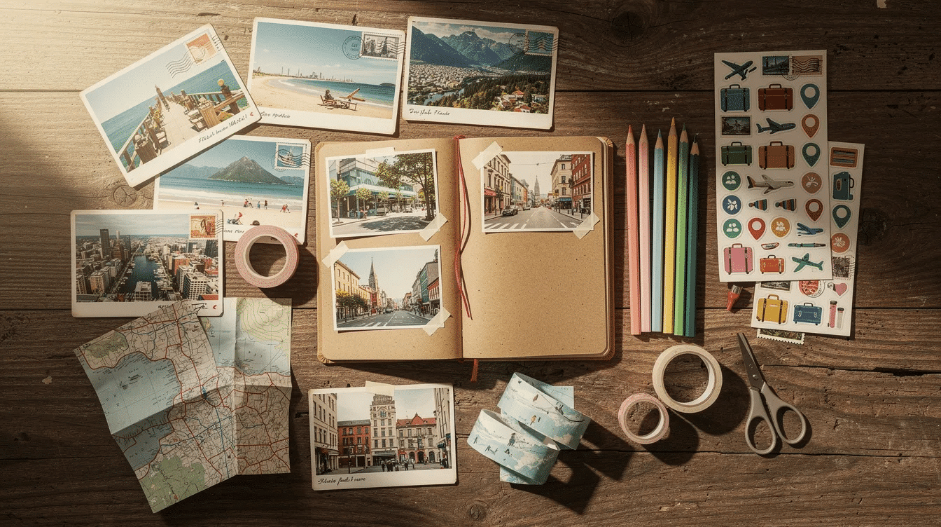 A flat lay arrangement showcases various travel scrapbook supplies including printed photos colorful postcards themed stickers and maps all artfully spread across a wooden table This vibrant collection of materials inspires creative scrapbook ideas for preserving travel memories and documenting adventures