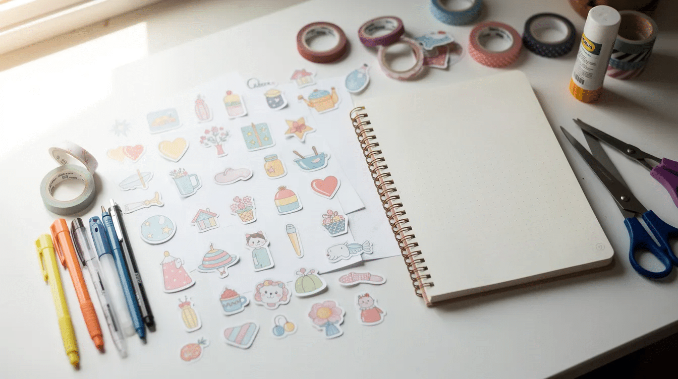 74b46316 a0c5 46bd b9fb 41db269e5d08 The image features a collection of finished homemade stickers arranged beside colorful notebooks and various craft tools showcasing creative DIY sticker designs made from sticker paper and wax paper Scissors and colored pencils are also present highlighting the fun process of making your own stickers