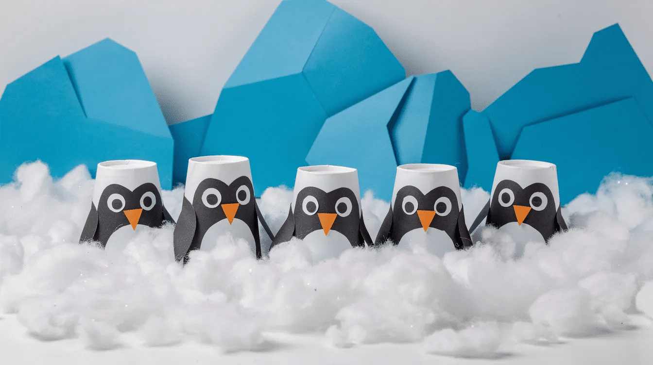 7566d87d 33a0 46ac ac00 2337efe8ba60 The image features a delightful display of paper cup penguins each crafted from black paper cups and adorned with googly eyes orange paper beaks and white paper bellies surrounded by cotton balls mimicking snow and blue paper representing ice This cute penguin craft showcases a fun winter theme perfect for kids to enhance their fine motor skills while engaging in a creative project