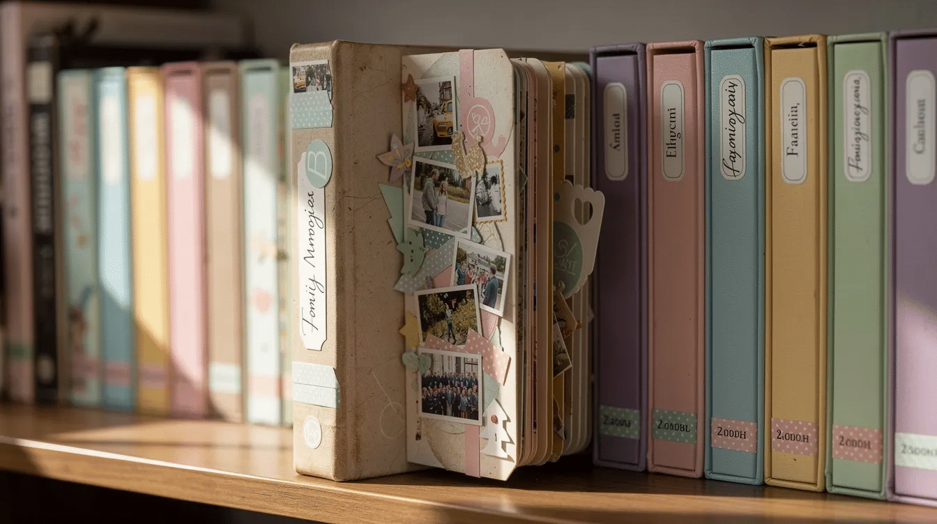 77a352e1 b950 4613 ae74 4ea9dcf56787 The image shows a finished scrapbook album standing upright on a shelf alongside other colorful photo albums showcasing a variety of scrapbook pages adorned with patterned paper stickers and photographs This organized display highlights the creativity and memories captured within making it an inviting sight for anyone interested in starting scrapbooking