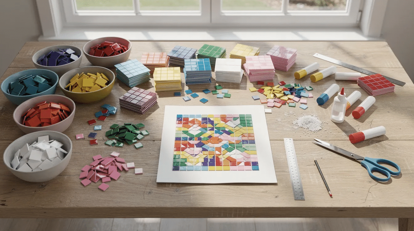 77b702d9 fcf2 478f 8e00 3a4de37ce2ac A colorful assortment of paper mosaic craft supplies is spread across a table featuring various shades of construction paper scissors glue and a sponge all ready for kids to create beautiful mosaic tiles in different shapes The vibrant paper pieces invite creativity and fun as they prepare to start gluing their own unique designs