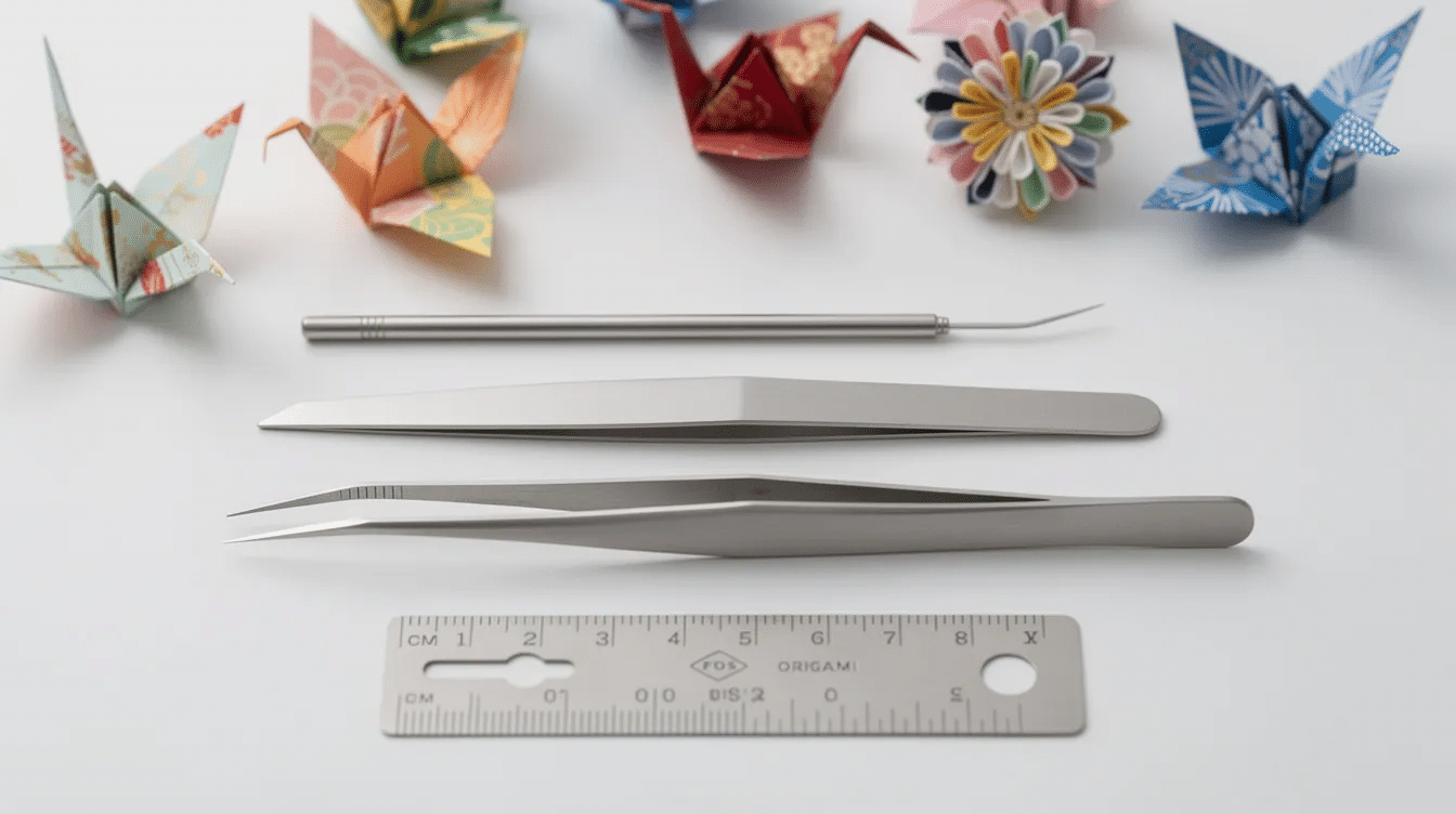 78051208 dfb1 4ac7 ba2c 0615514d406e The image depicts a collection of origami tools including a precision craft knife and a pencil arranged on a workspace with sheets of paper ready for folding This setup highlights the essential tools for creating intricate shapes and structures through the art of origami which solely involves folding paper while also contrasting with kirigami which incorporates cutting techniques