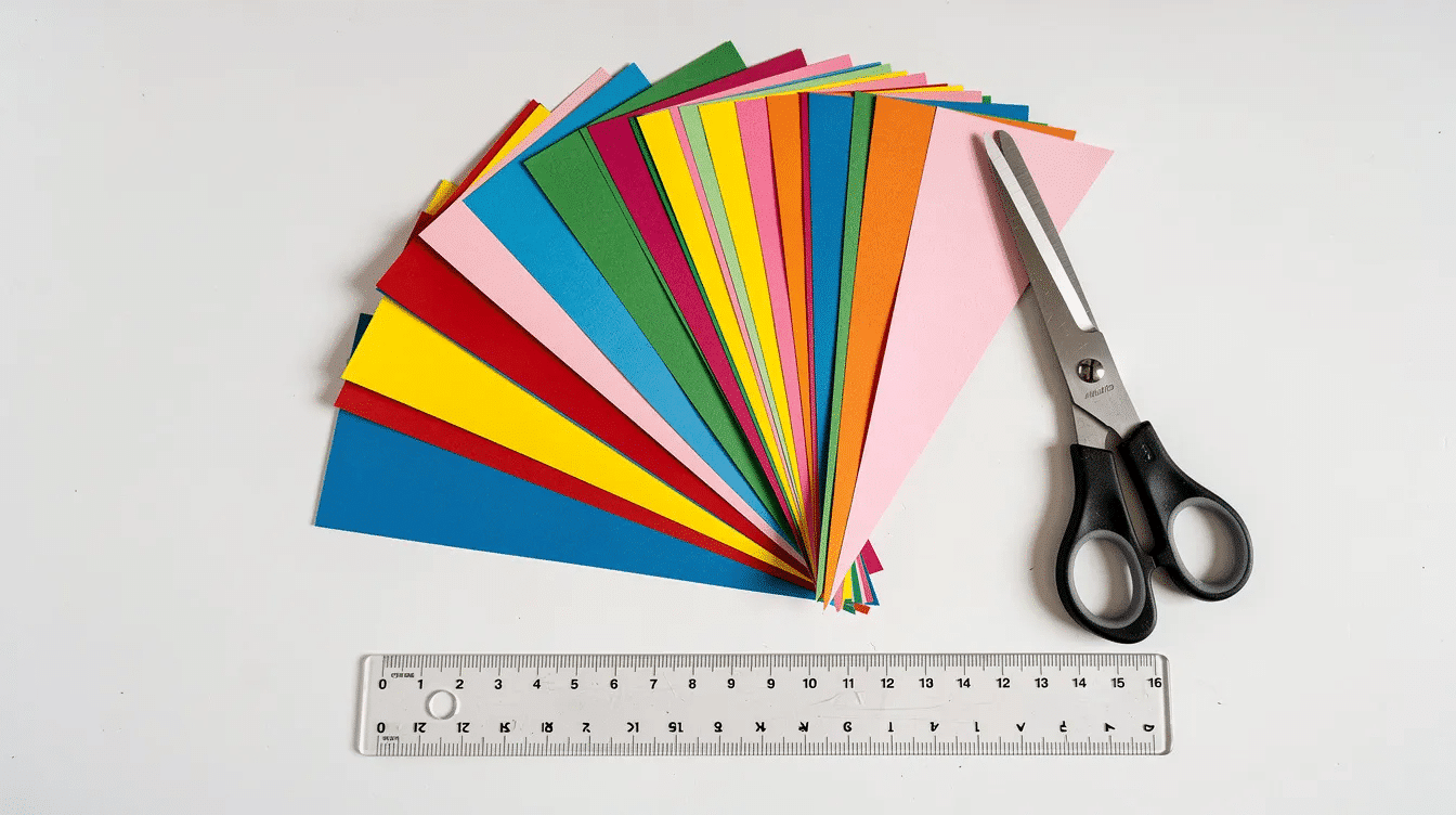 The image shows colorful triangular paper strips neatly arranged next to a pair of scissors and a ruler highlighting materials for crafting beautiful paper beads These vibrant strips can be cut and rolled to create unique jewelry items like necklaces and bracelets