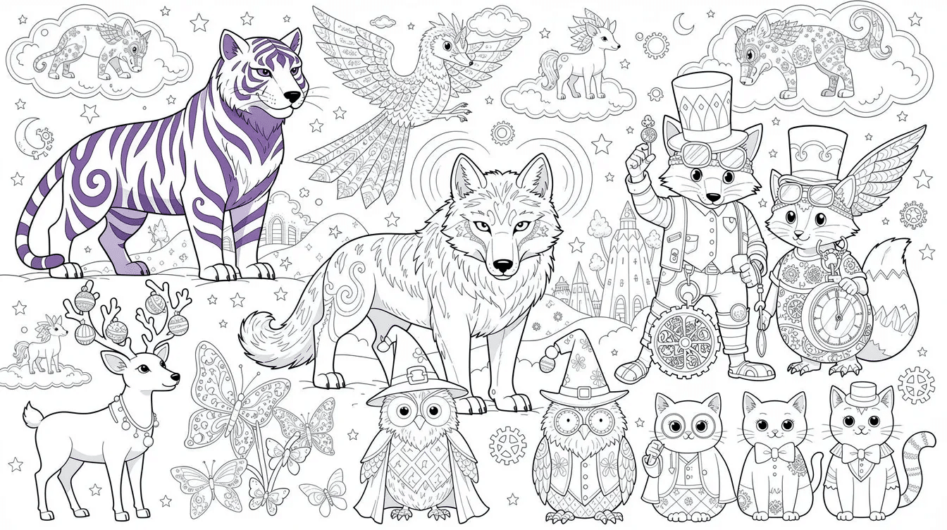 784afac8 e914 4a0d afaf 5a9d5d5ef223 The image showcases a collection of fantasy animal coloring pages featuring whimsical designs including a purple tiger a rainbow bird and a glowing wolf all set against a backdrop of stars and magical landscapes This unique blend of imaginative creatures and natural elements offers a delightful coloring experience for both adults and kids