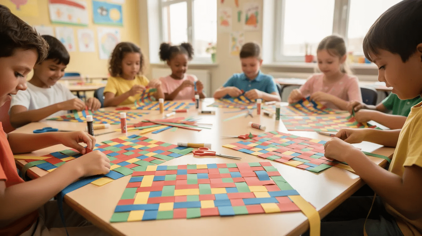 A group of students is engaged in a fun project weaving colorful strips of construction paper into patterned place mats enhancing their fine motor skills The vibrant paper crafts display beautiful patterns showcasing the creativity of the children as they work with simple materials and scissors