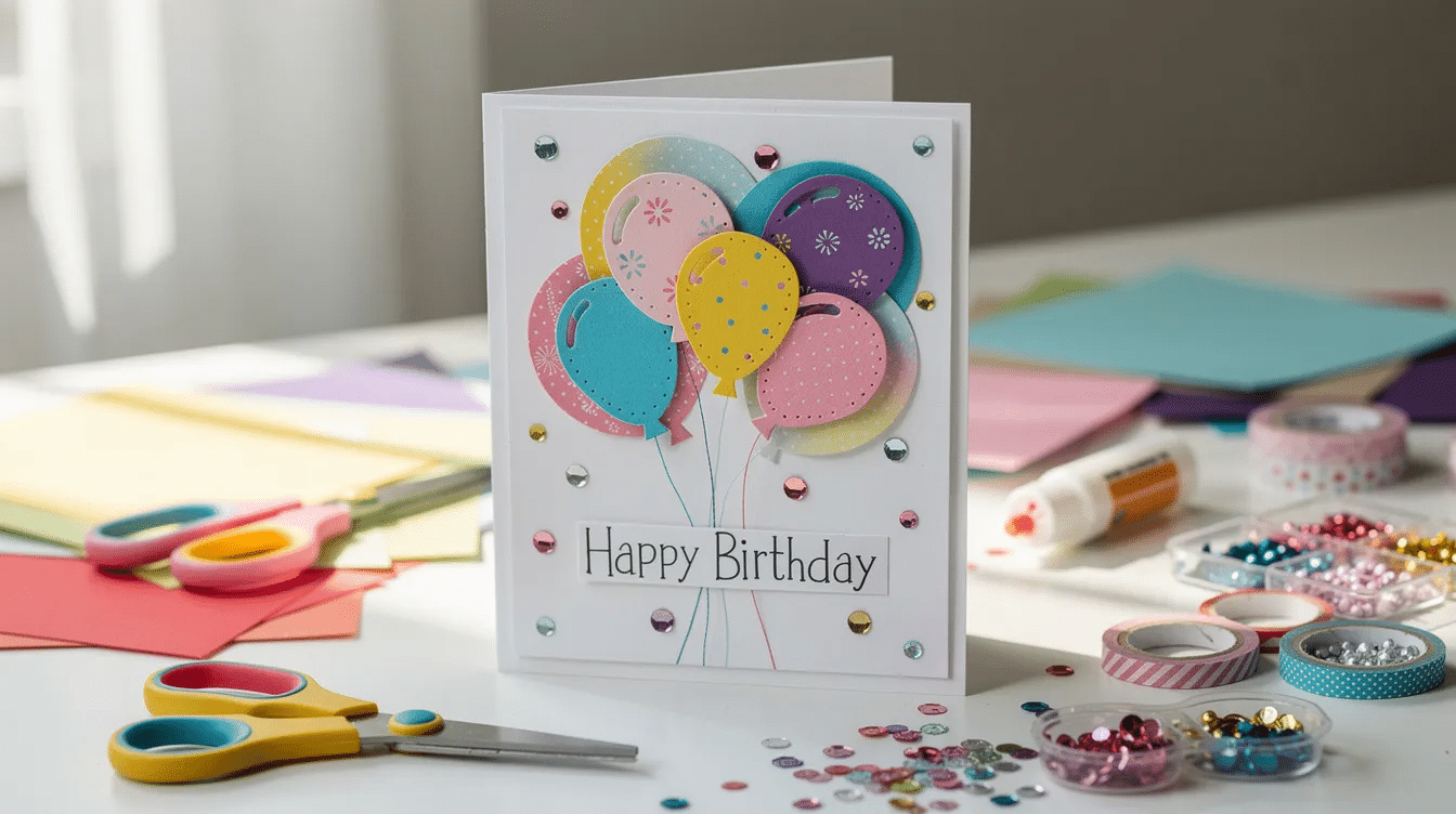 78d5a7ec f609 4b14 ba10 85a754a4c593 The image features a bright handmade birthday card adorned with colorful patterned paper layers festive balloons and small sequins for added embellishment Nearby various craft tools such as a paper trimmer glue sticks and alcohol markers are arranged suggesting a creative card making session in progress