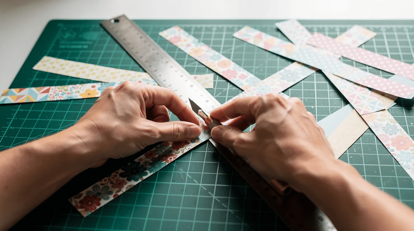 7a679e12 b06e 4b7c 8d1c e6b60570a63d In the image hands are skillfully cutting patterned paper strips on a craft mat showcasing a DIY washi tape project The vibrant strips can be used to create decorative tape for various crafts emphasizing a fun and creative technique for making your own washi tape at home