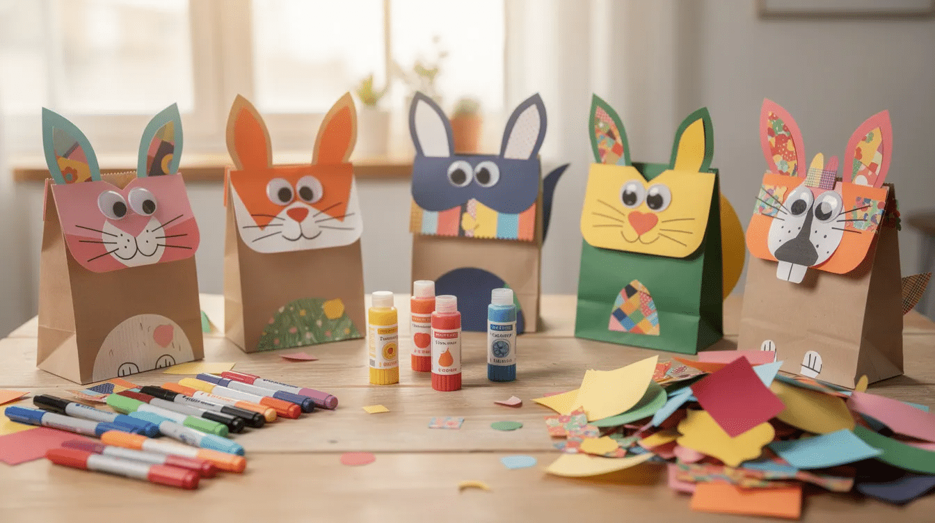 A vibrant collection of colorful paper bag animal puppets is displayed on a table surrounded by simple supplies like markers glue and paper scraps perfect for engaging kids in fun rainy day crafts This setup sparks creativity and imagination ideal for keeping little ones entertained on a gloomy day