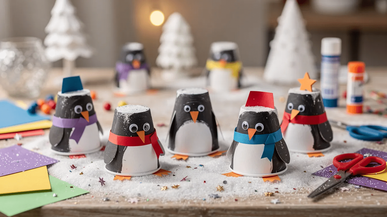 7b84e03c 19f4 4b46 8923 f1f3838f9b19 The image features a collection of finished paper cup penguins displayed on a snowy craft table showcasing their cute designs with black paper cups for bodies orange paper for beaks and googly eyes This fun craft highlights the creativity of kids and their fine motor skills making it a delightful winter themed project