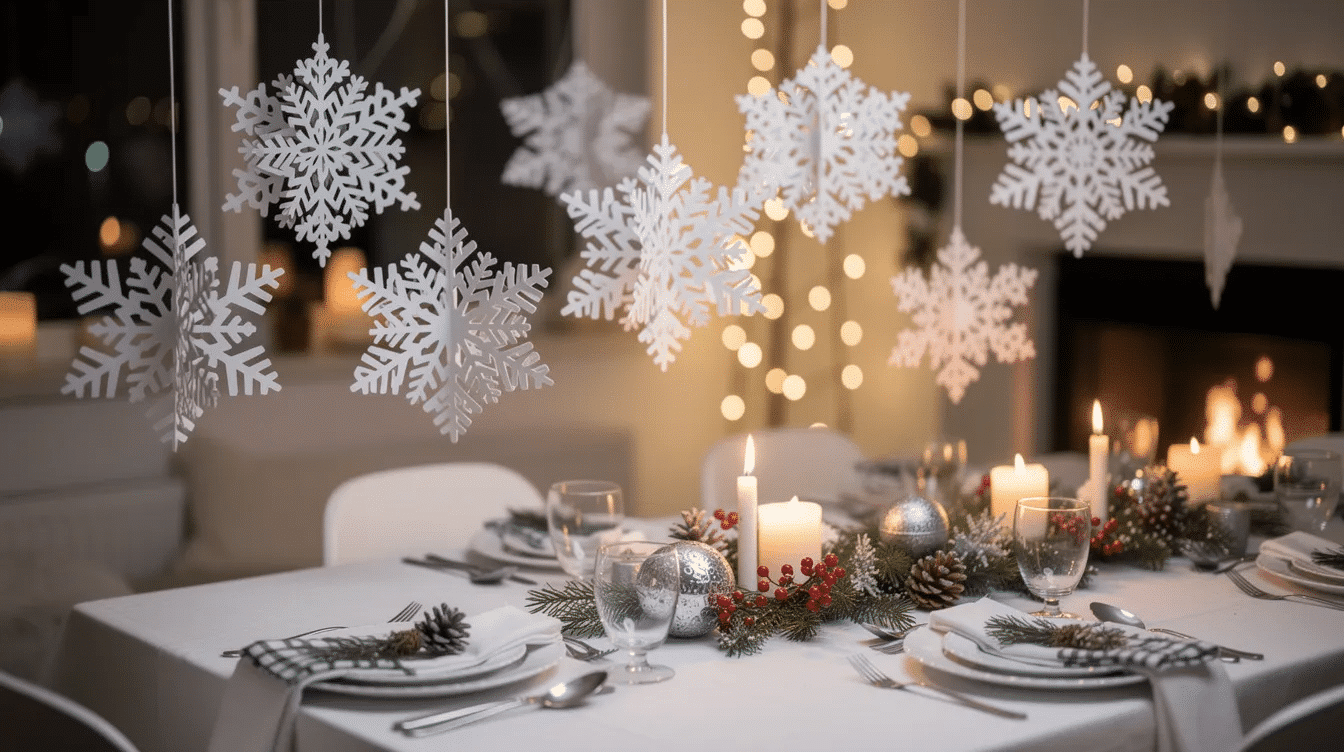 The image features a beautifully decorated winter table with colorful patterned paper snowflakes hanging from the ceiling creating a festive atmosphere The snowflakes crafted from folded sheets of paper showcase different patterns and are suspended by strings adding a charming touch to the holiday setting
