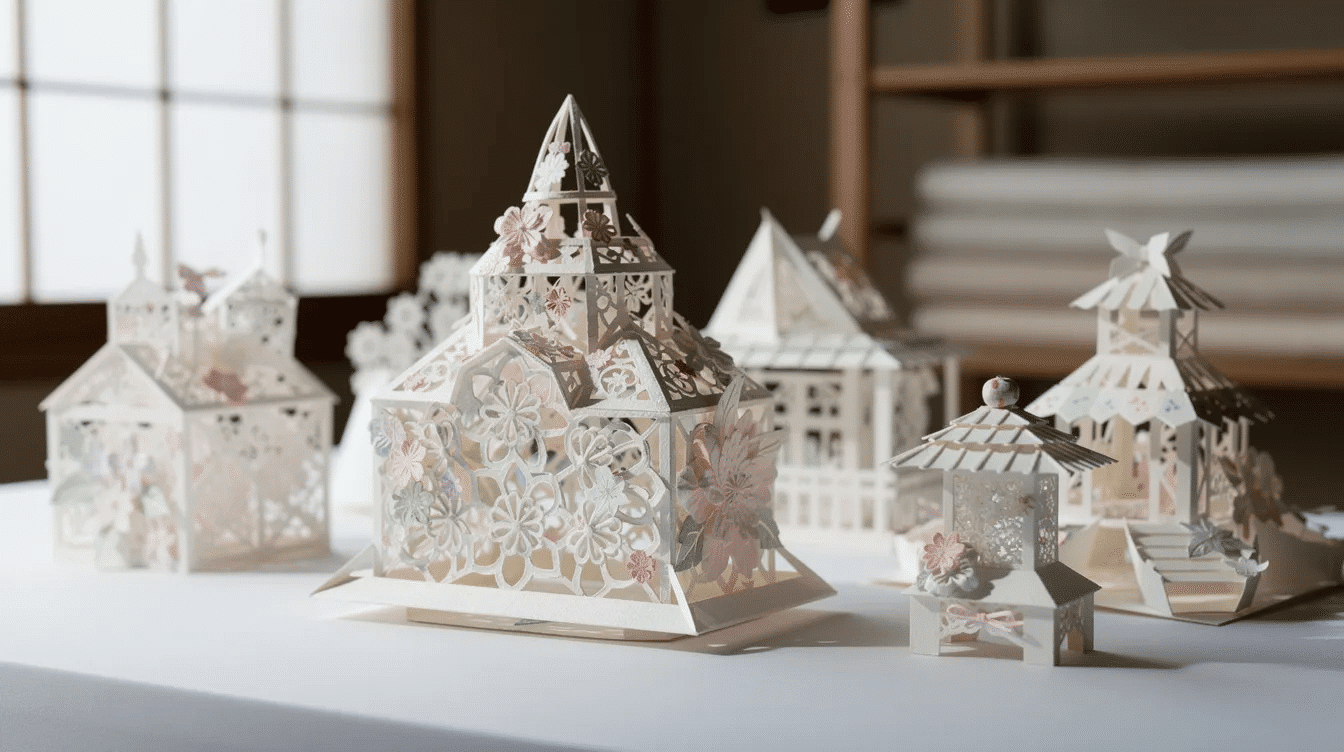 7d454aeb a2c2 4a0f a0b8 db47574c2f73 The image showcases a beautiful example of kirigami a Japanese art that involves both cutting and folding a single sheet of paper to create intricate shapes and patterns resembling paper snowflakes The finished piece highlights the precision craft knife work and the creativity involved in transforming a simple sheet into a detailed sculpture