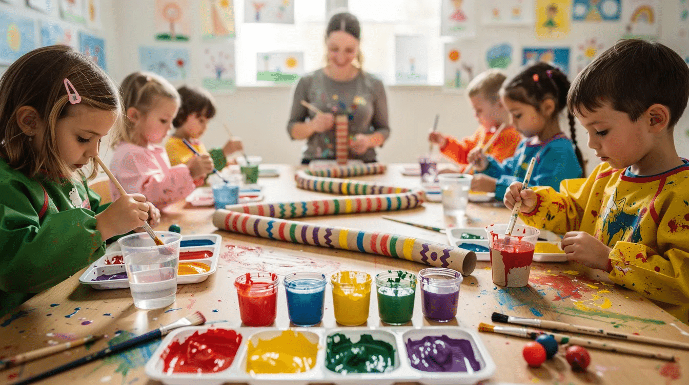 7f298d20 62ef 4e11 99e3 567b33d4bdfb A group of children is happily painting empty toilet paper rolls in vibrant colors to create a fun toilet roll snake craft The scene showcases their creativity as they decorate the cardboard tubes with patterns and prepare to add googly eyes and a forked tongue for their colorful snake's head.