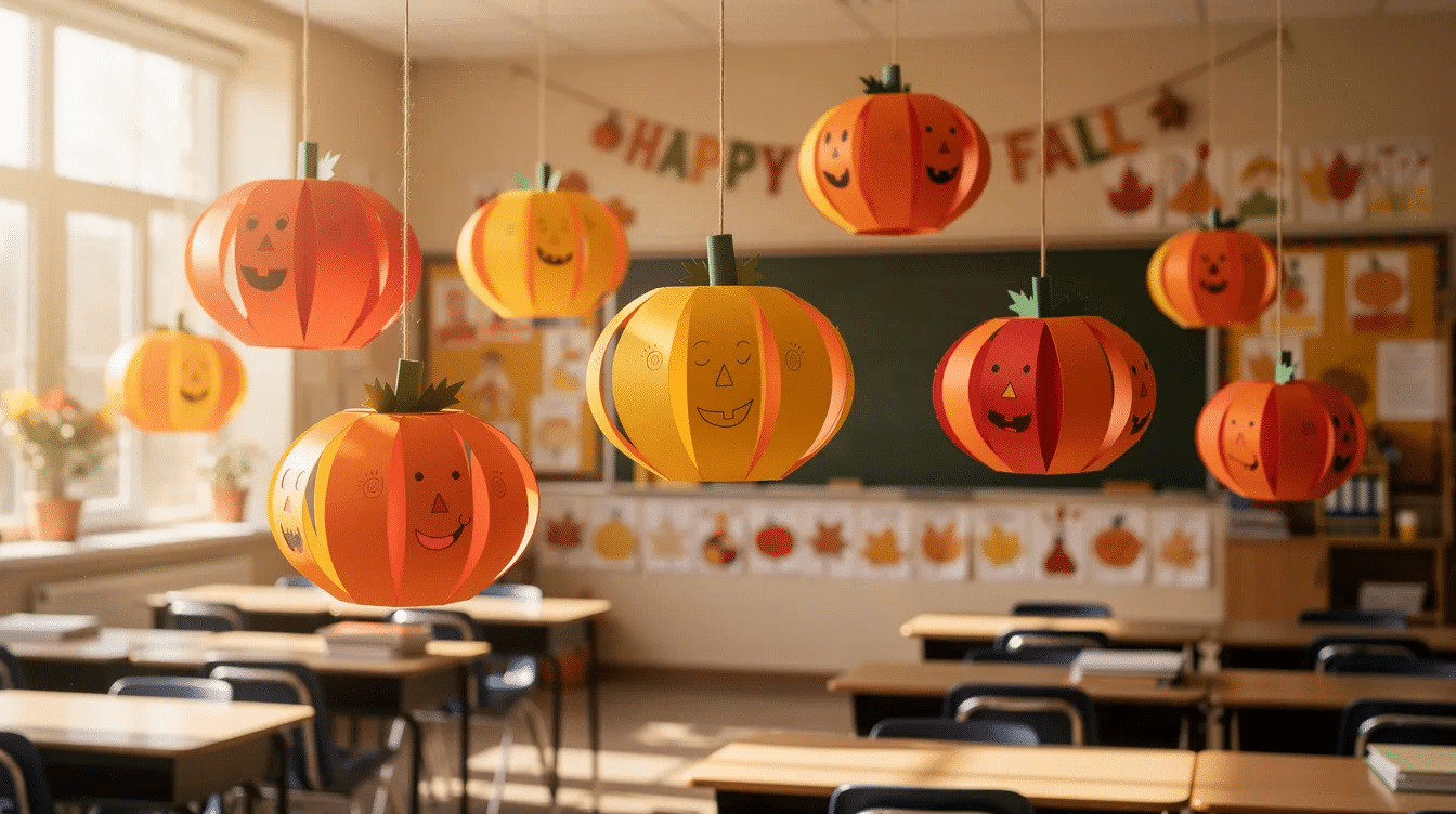 7f30fba2 a25a 4466 9047 5b56bcf0bb75 The image features colorful paper pumpkins hanging as classroom decor showcasing various sizes and shapes made from orange scrapbook paper and paper strips This adorable paper pumpkin craft is a fun way to celebrate fall and Halloween enhancing the classroom environment with a creative touch