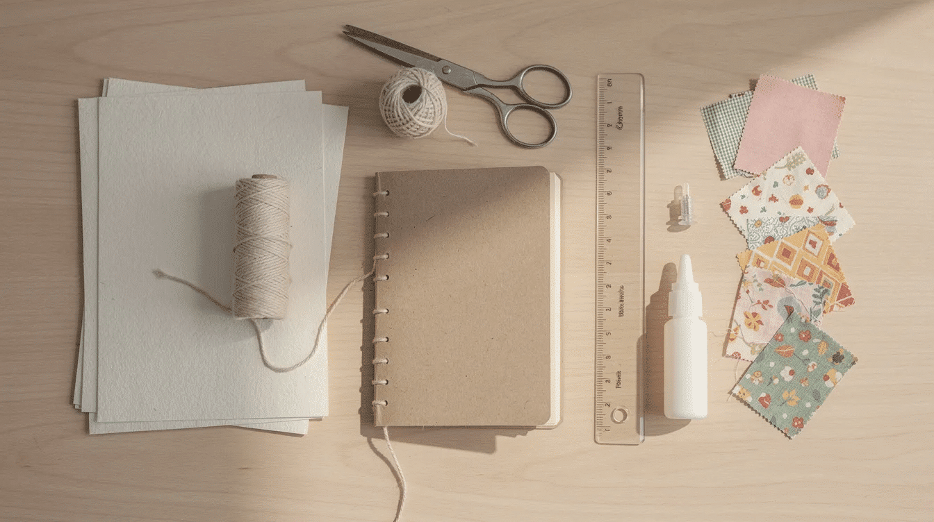 A flat lay arrangement features various crafting materials including scrapbook paper thread scissors a ruler glue and fabric scraps alongside a small handmade journal showcasing its journal cover and inside pages This setup offers inspiration for creating your own journal using DIY techniques and binding methods