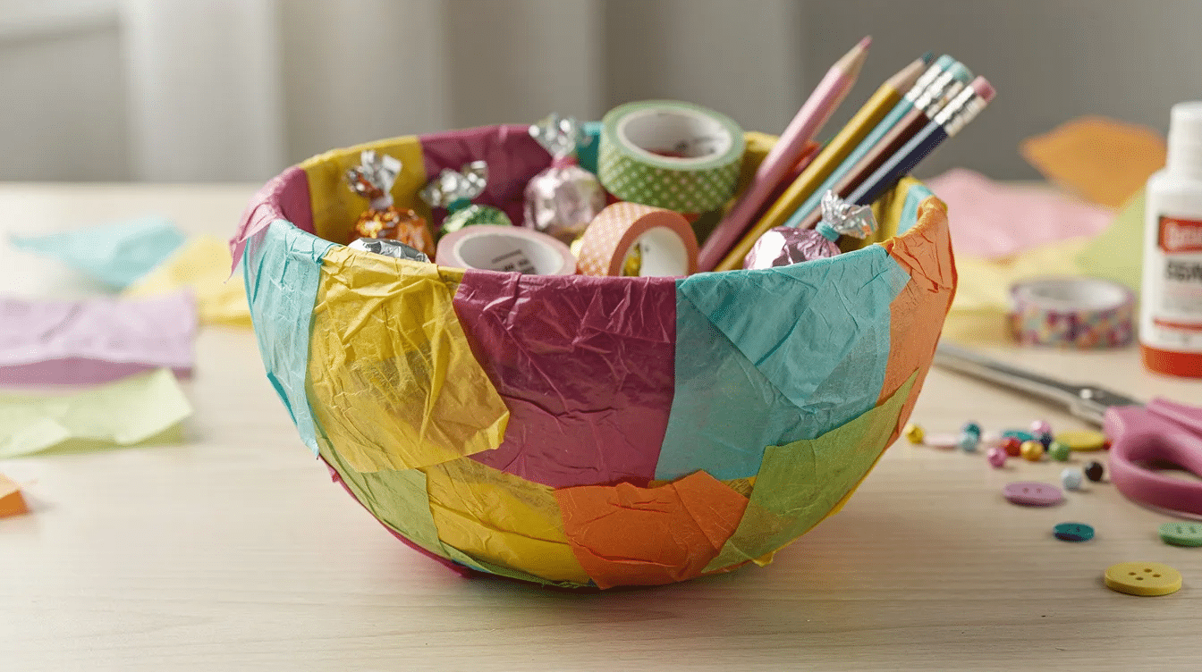 83b9782f a72b 4547 90c0 776dcd6fa317 A vibrant paper mache bowl made from colorful tissue paper holds an assortment of small wrapped treats and craft supplies showcasing interesting designs and layers of newspaper strips This fun craft project serves as a great Mother's Day gift, combining creativity and fine motor skills.