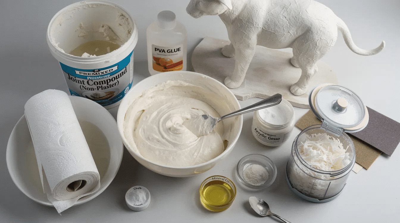 84417061 9505 4405 b9a0 70a9dbecd531 The image depicts a detailed no flour paper mache clay recipe featuring a bowl filled with a creamy mixture of toilet paper pulp PVA glue and joint compound along with tools like a craft knife and a small chopper The setup suggests a crafting environment ideal for creating textured sculptures and animal figures using this paper mache clay