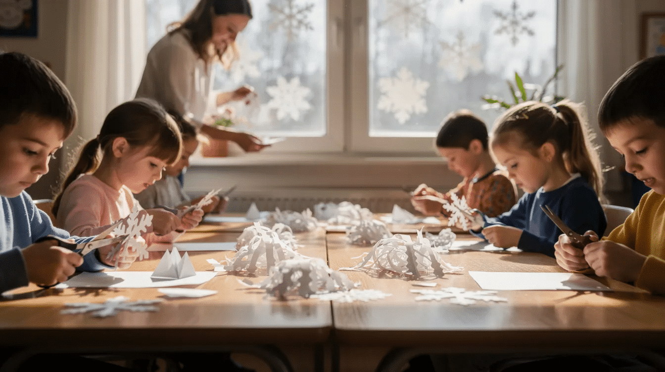 853c5f74 99a0 4f36 afd4 ad55ede5f190 A group of students is engaged in a fun paper craft project cutting folded white paper into intricate snowflake shapes This activity helps develop their fine motor skills while allowing them to create beautiful patterns for winter decorations
