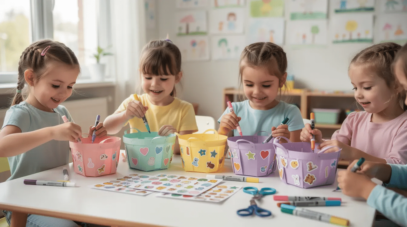 877a8698 58bc 4046 b141 3155cb3d3c68 Children are happily decorating small pastel paper easter baskets with colorful markers and fun stickers surrounded by crafting supplies The scene captures the joy of DIY easter basket creation showcasing their creativity as they prepare to fill the cute paper baskets with chocolate eggs
