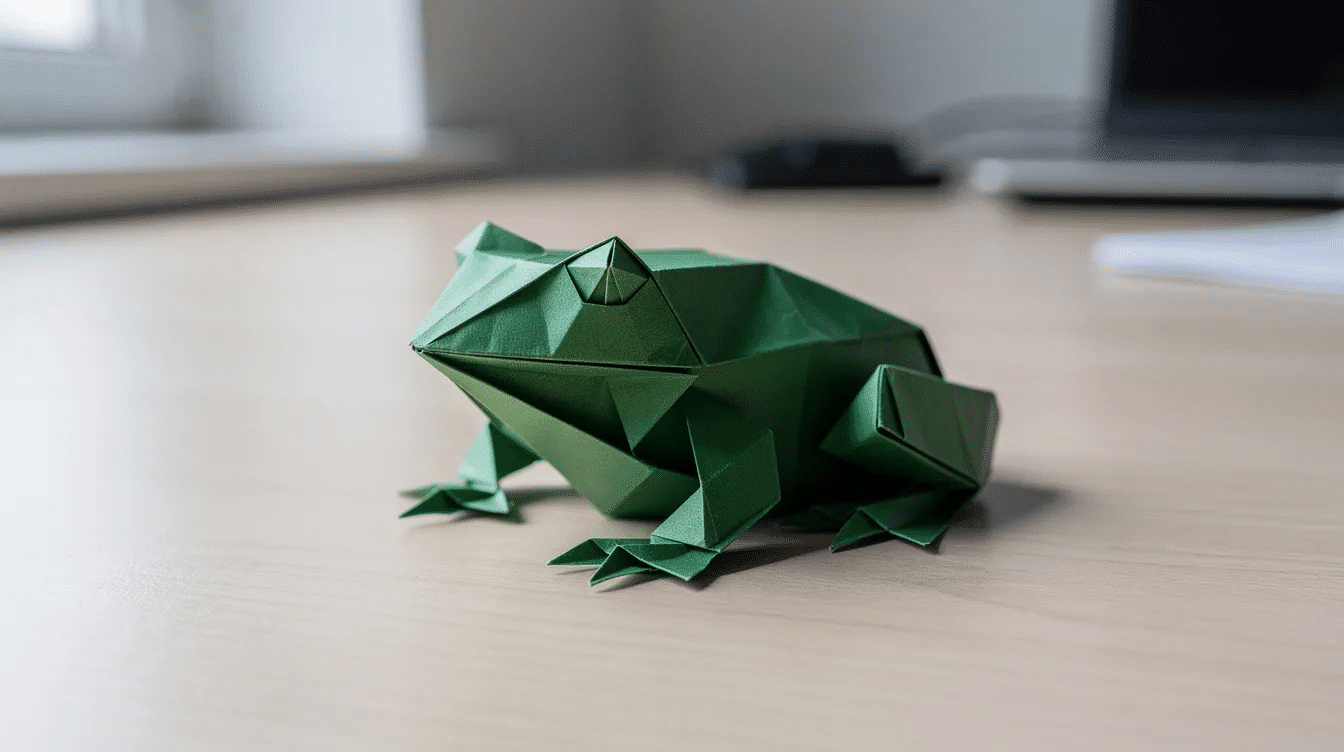 879eeeae 7b16 41d8 b6a8 2cc253e047df A finished green origami frog rests on a smooth desk showcasing its cute design with googly eyes and folded legs This origami jumping frog is a delightful example of paper art perfect for kids to explore their creativity