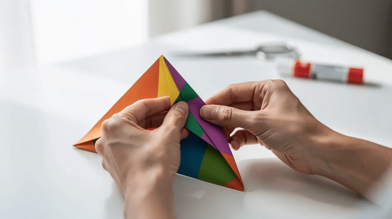 885ca16f 4ba5 481b a1a5 eefa972f5f56 Two hands are carefully folding a colorful perfectly square piece of paper diagonally into a triangle on a clean craft table demonstrating a step in creating paper crafts The vibrant colors of the paper contrast with the simplicity of the workspace highlighting the fun and creativity of origami