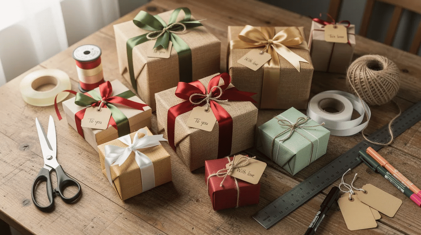The image features a table adorned with beautifully wrapped gifts tied with colorful ribbons alongside small labels and various craft tools like scissors and a sticker printer This scene captures the essence of gift wrapping and the creativity involved in creating custom stickers and labels for a personal touch