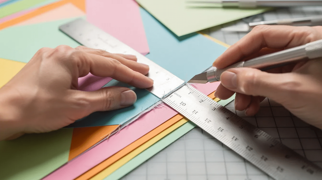 88dc66cb f917 49a8 b379 6fb931241b93 The image shows hands skillfully cutting through layered colored paper using a craft knife and a ruler demonstrating the precision needed for various paper crafting projects The vibrant hues suggest the use of different types of craft paper such as scrapbook paper construction paper and cardstock perfect for creating intricate designs or DIY projects
