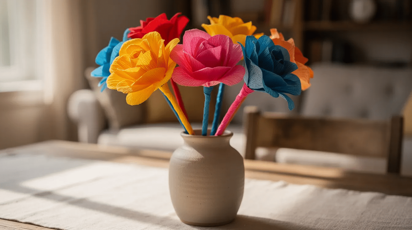 894efe53 a70a 433b a82e d0094f39ff0b The image features a vibrant arrangement of colorful handmade paper flowers crafted from various patterned scrapbook paper displayed in a decorative vase on a home table This delightful centerpiece showcases the beauty of paper crafts for adults adding a creative touch to the room