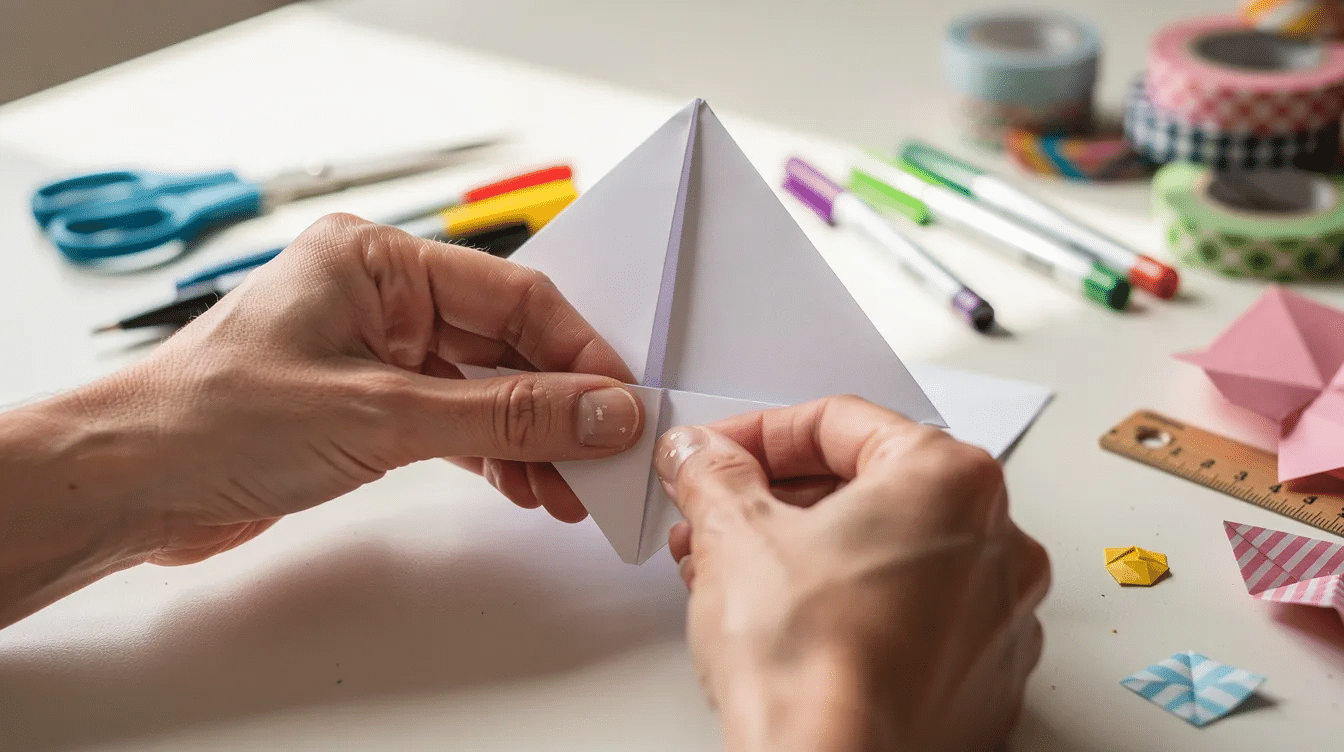 The image shows hands carefully folding a white paper square on a bright craft table preparing to create a beautiful paper snowflake design The vibrant setting highlights the intricate process of folding and cutting to form unique shapes and patterns