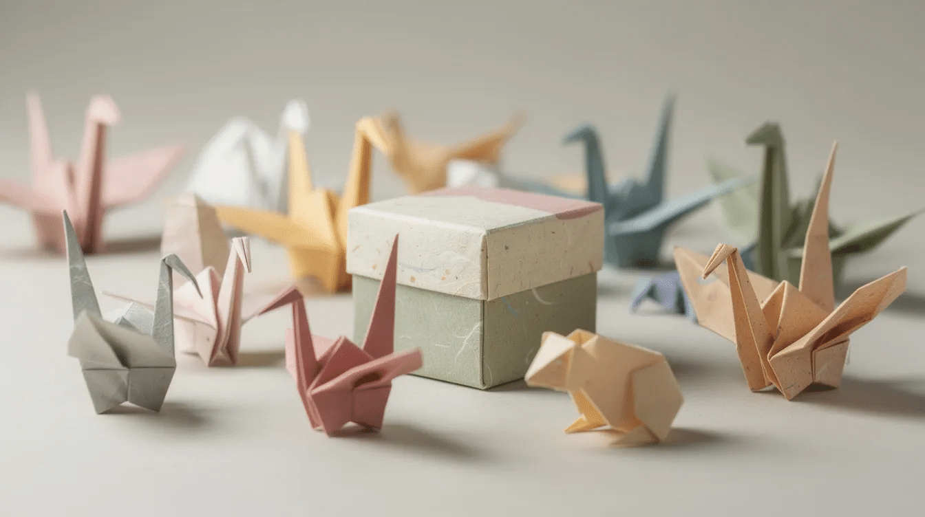 8f12fb96 bb21 4d07 b3a4 9ac2edc926ed The image showcases a variety of finished origami models including cranes boxes and animals crafted from different types of textured paper such as washi and kraft paper all arranged neatly on a simple surface Each piece highlights intricate folds and fine details demonstrating the art of origami and the use of good origami paper for creating decorative models