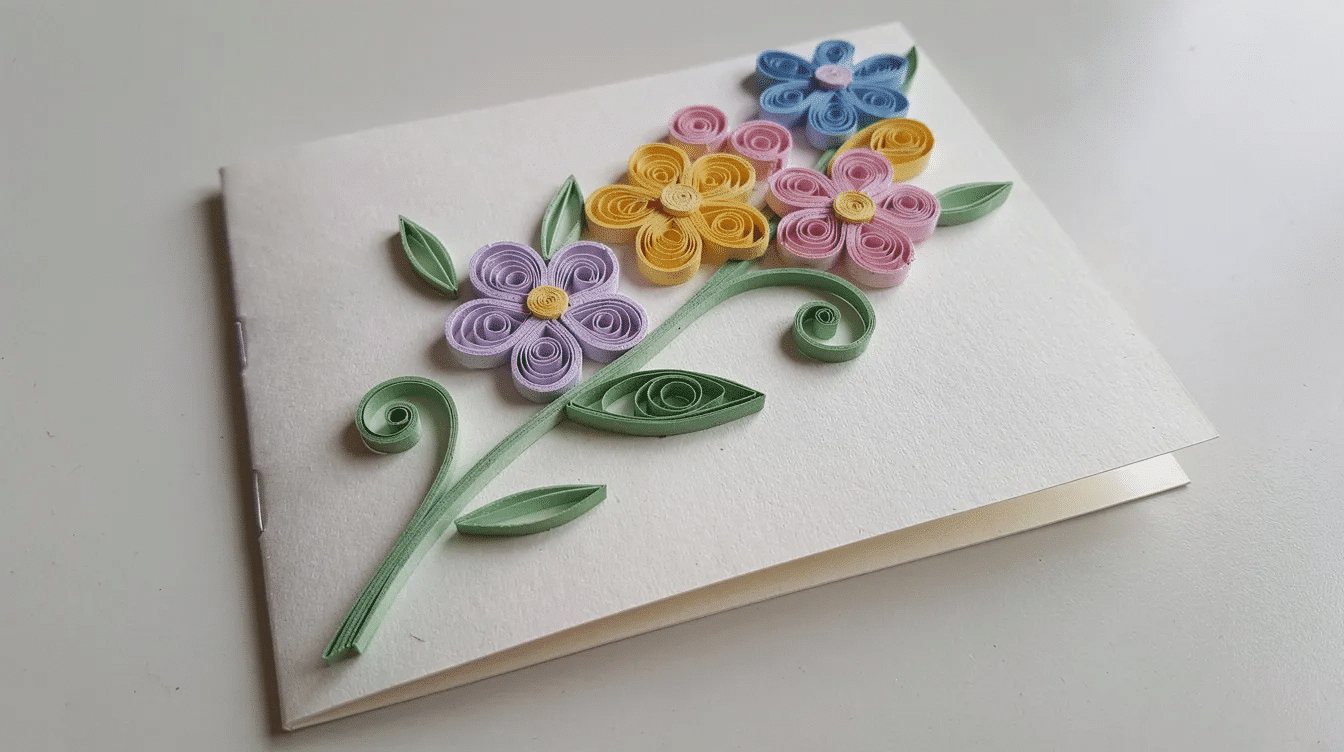 91df3237 113b 47aa af0d 991aefe7654d The image features a simple handmade card adorned with colorful quilled flowers and leaves showcasing basic shapes created from quilling paper strips This charming piece of paper filigree art is perfect for beginners looking to explore the fun of quilling