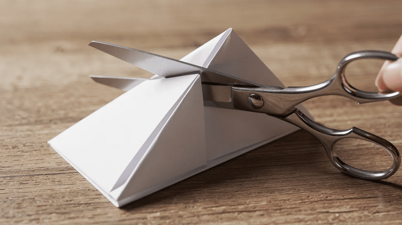 A pair of sharp scissors is cutting through a folded paper wedge on a wooden table preparing to create a unique snowflake design The paper once unfolded will reveal intricate patterns perfect for decorating windows or gifts