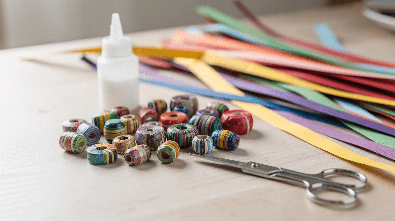 94c76609 9521 452e a049 06dc4b44e655 An assortment of beautiful handmade paper beads in various shapes including teardrop and fatter beads is displayed beside scissors a glue stick and colorful paper strips The setup suggests a fun craft session for making paper beads using materials like old magazines and wrapping paper