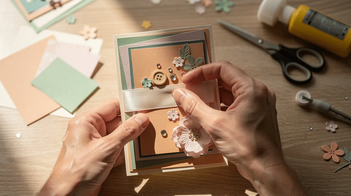 94e88996 6a2a 4474 bcc0 78cfa612de4a A pair of hands is skillfully arranging layers of cardstock colorful ribbon and small embellishments on a handmade greeting card showcasing the creative possibilities of paper crafting This scene highlights essential craft supplies and tools like a craft knife and glue perfect for beginner paper crafters looking to create beautiful card making projects