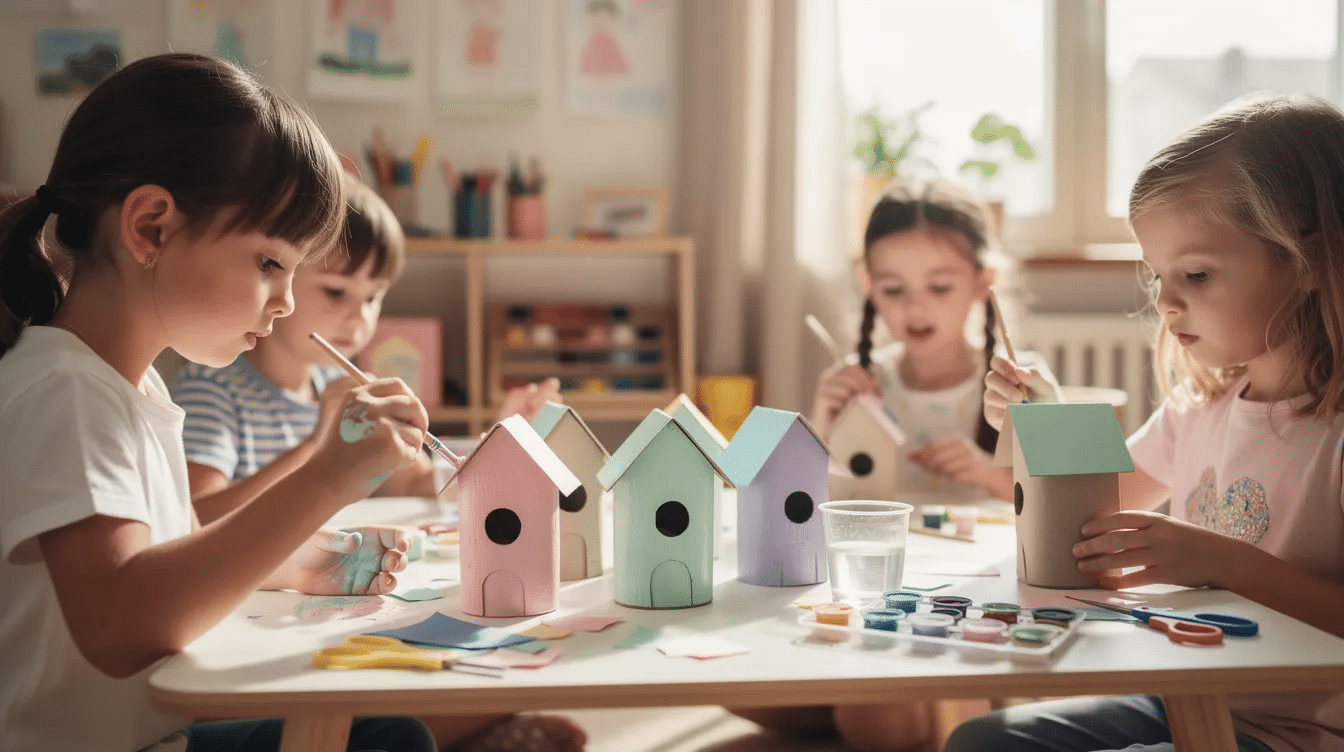 95351256 e4f7 4056 b330 5980508de74a Children are gathered around a craft table joyfully painting small birdhouse ornaments made from toilet paper rolls with brushes and bright pastel colors The scene captures their creativity as they decorate the cardboard tubes with tempera paint transforming them into delightful birdhouses