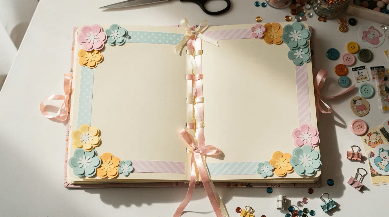 The image features a beautifully decorated journal cover adorned with vibrant paper flowers washi tape borders and a colorful ribbon showcasing a creative blend of scrapbook paper and various craft accessories The entire cover is a delightful collage of patterns and embellishments that personalize the notebook making it a great idea for anyone looking to decorate their journals