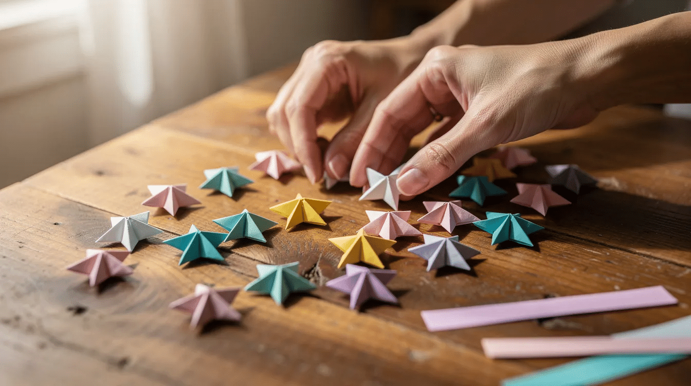 9707c311 efdb 48d5 a36a 92adbf4dfcd9 Hands are skillfully arranging colorful folded paper stars on a wooden craft table showcasing a delightful array of shapes and sizes that can be used as festive decorations for the Christmas season The scene captures the joy of paper crafts with finished stars ready to hang on a Christmas tree or as part of a lovely garland