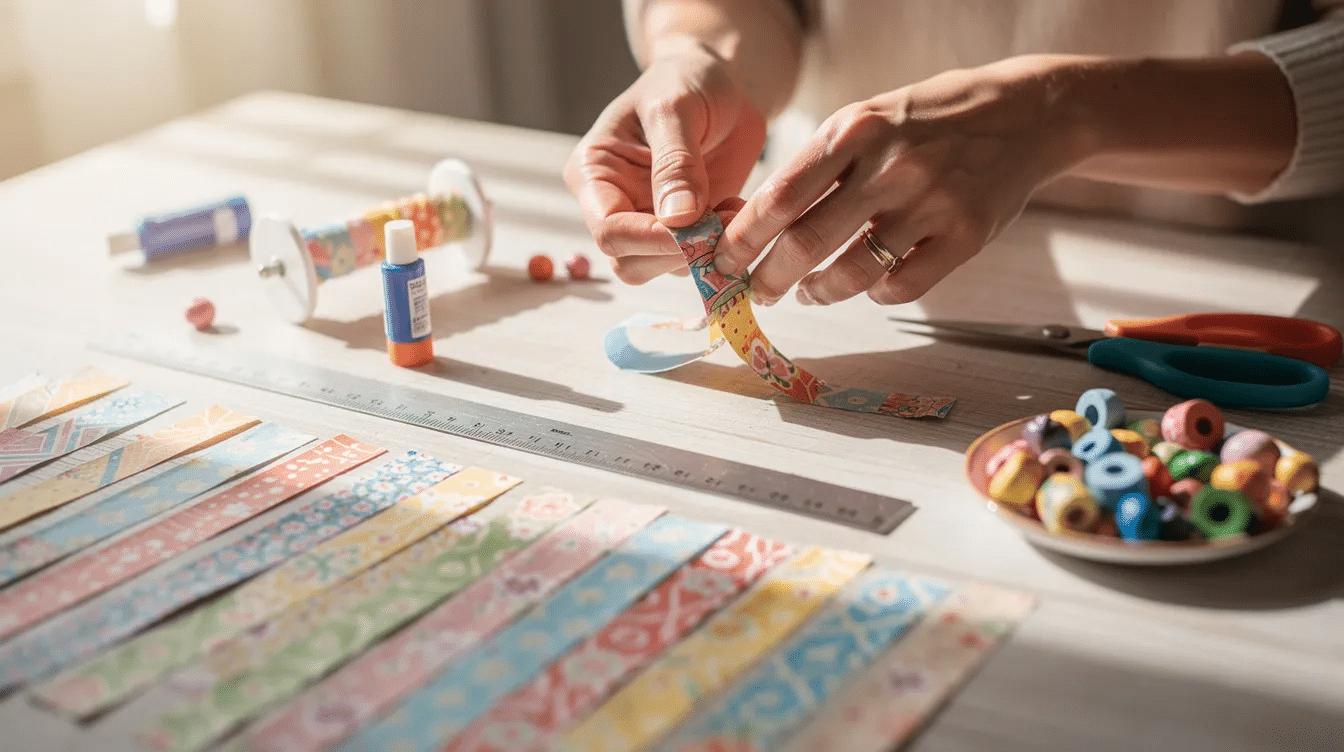 The image shows hands skillfully rolling colorful paper beads from long triangular strips of magazine paper on a flat surface using simple craft tools like a toothpick and scissors Finished beads in various sizes and colors are scattered around showcasing the fun and creativity of making paper beads from old magazines
