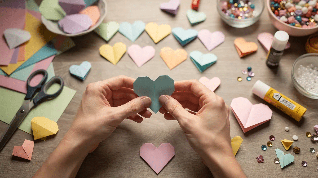 97c70ddb 9478 4200 b000 50f341dee488 Two hands are skillfully folding colorful tissue paper into cute folded paper hearts on a craft table surrounded by scissors glue and other crafting materials This simple and fun process is perfect for kids and can be used to create beautiful decorations for Valentine's Day, such as a heart garland.