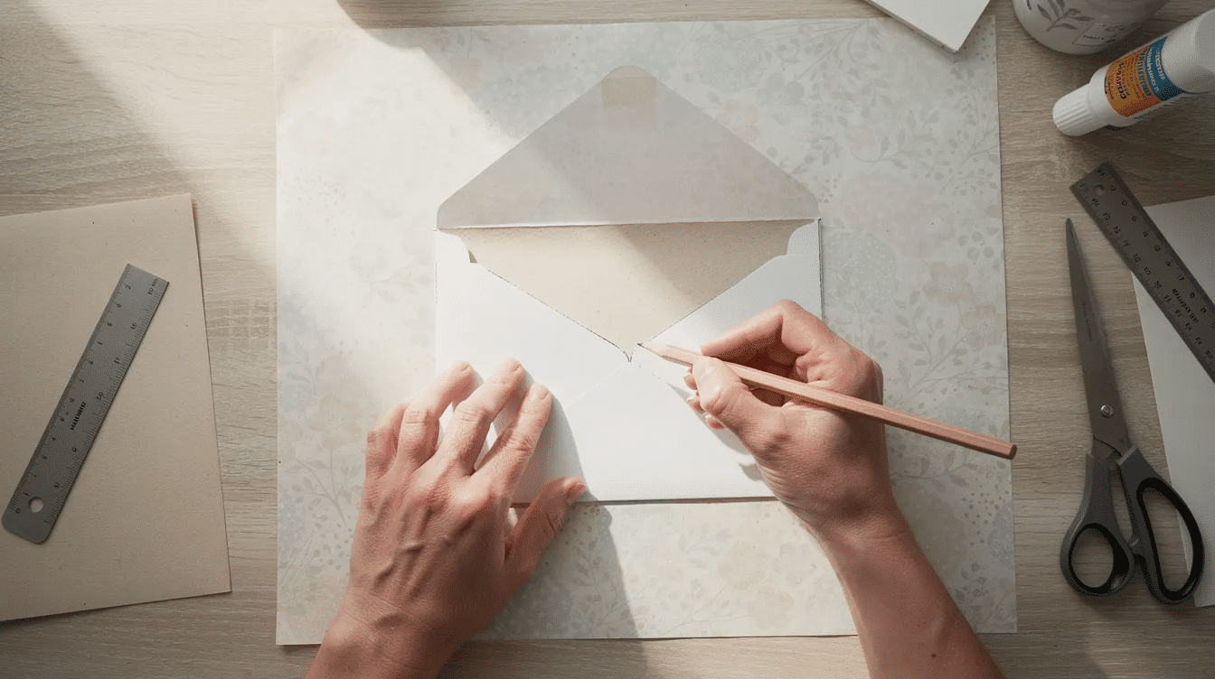 97ccf217 ca6d 4f54 971f effc7e2f2b6a The image shows hands carefully tracing an envelope template on a sheet of decorative paper which features a vibrant pattern This DIY project illustrates how to create a handmade envelope using materials like scrapbook paper or wrapping paper perfect for personalizing letters or gifts