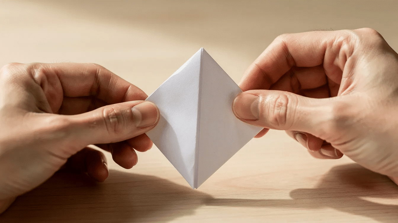981d9acd 6e10 45f7 95ec 0a2ecddfa404 The image shows hands carefully folding a small square piece of origami paper diagonally to create a triangle shape an essential step in making origami flowers The fingers are positioned to hold the corners securely preparing for the next fold in this simple origami project