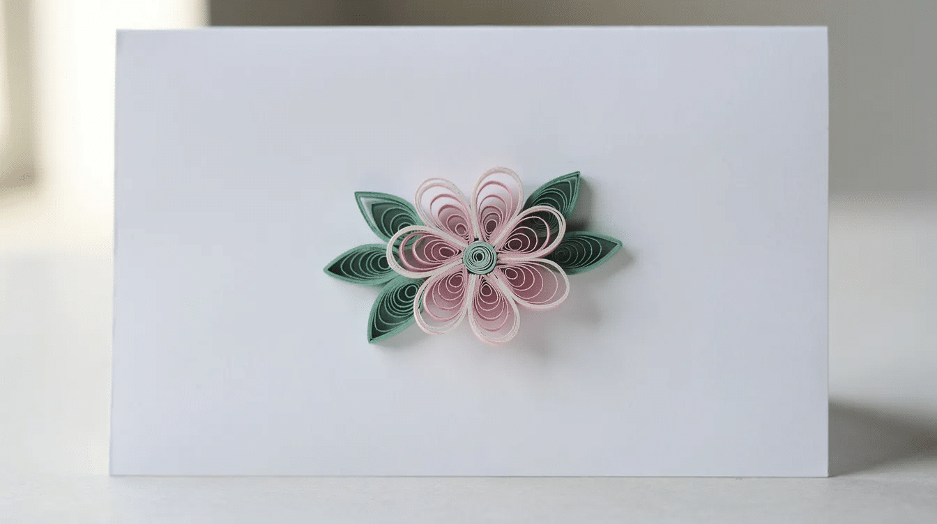 985272b8 6cf3 44f5 8a47 180a4347c3b5 A small quilled paper flower with vibrant colors and green leaves is positioned on a blank card showcasing the beauty of paper quilling This charming design features tightly rolled quilling strips demonstrating basic shapes that can inspire beginners to learn quilling techniques