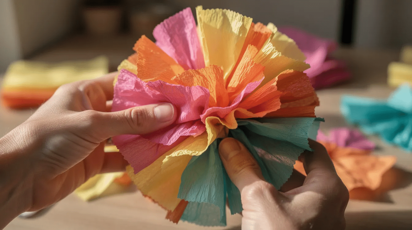 988a888d 61da 4f6c a0bb d6e9475e1459 A pair of hands is fluffing layers of bright tissue paper into a vibrant flower shape showcasing the process of creating stunning paper blooms This simple craft project uses tissue paper and floral wire to transform ordinary materials into gorgeous decorations for home décor or parties
