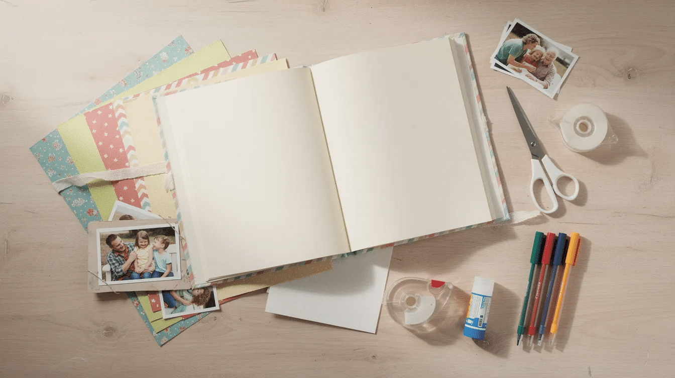 The image depicts a clean beginner scrapbooking workspace featuring an array of scrapbooking supplies including patterned paper scissors photos washi tape and a scrapbook album all arranged neatly to inspire creativity and preserve memories This organized space showcases essential tools for creating beautiful scrapbook pages making it a perfect way to document important dates with decorative elements and meaningful layouts