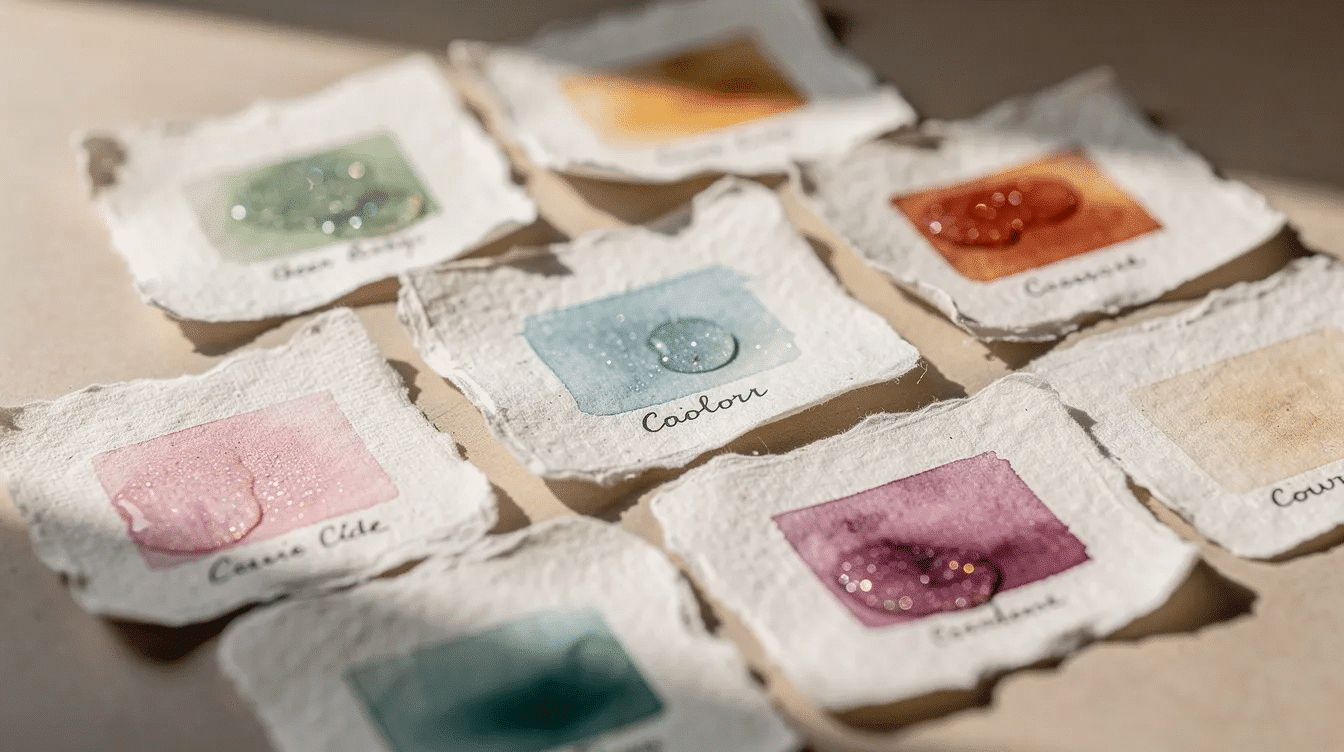 9bbdfd8b ef1a 4a84 80f0 a4f5a80321f4 The image features small watercolor test swatches painted on sheets of handmade watercolor paper showcasing various colors and textures Each swatch demonstrates the absorption and surface qualities of the handmade paper ideal for watercolor painting and exploring different artistic results