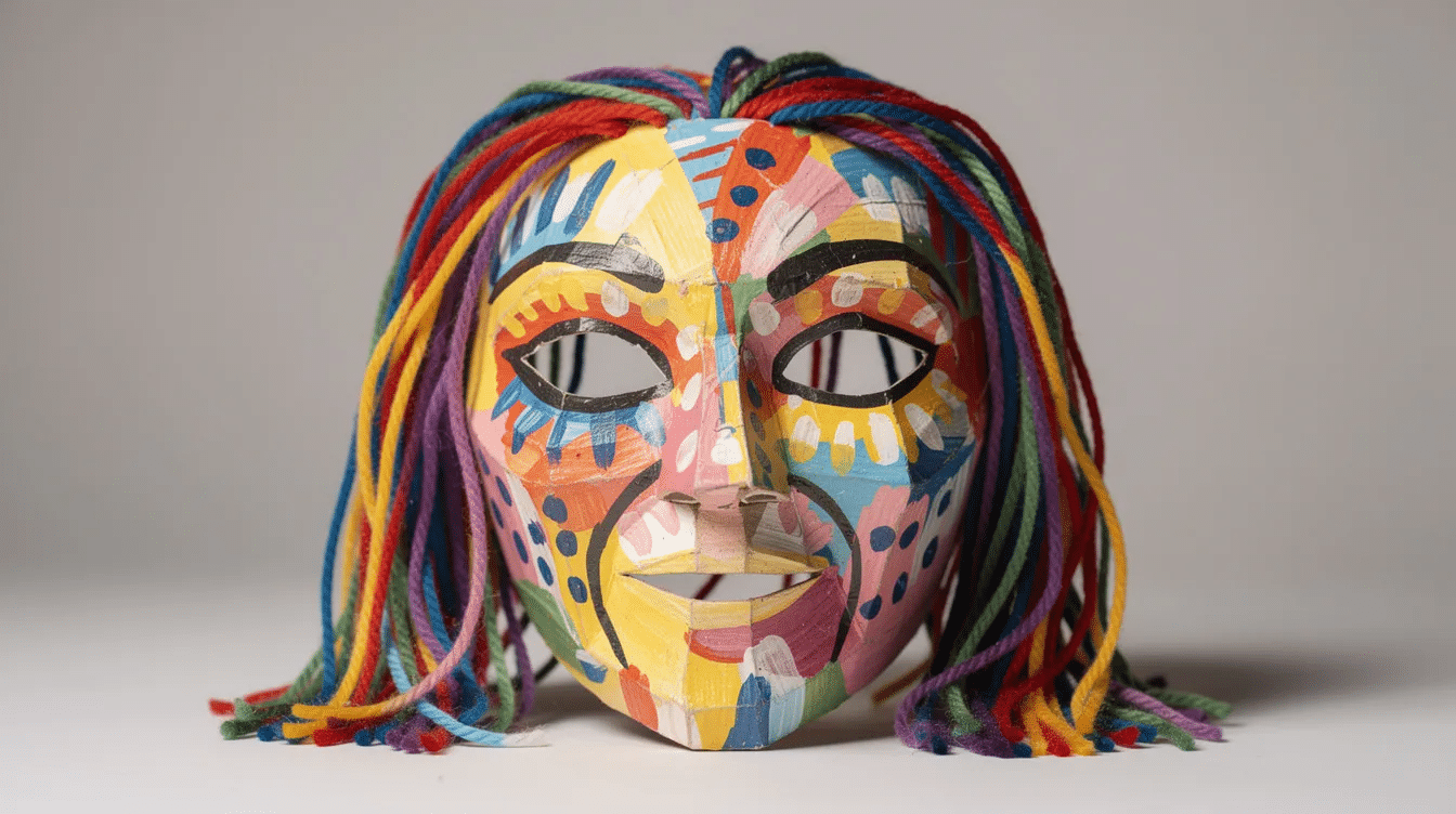 The image features a finished colorful paper mache mask adorned with yarn hair and intricate painted details This vibrant mask showcases the creativity involved in making your own masks using craft supplies like paper strips and glue perfect for kids and Halloween projects