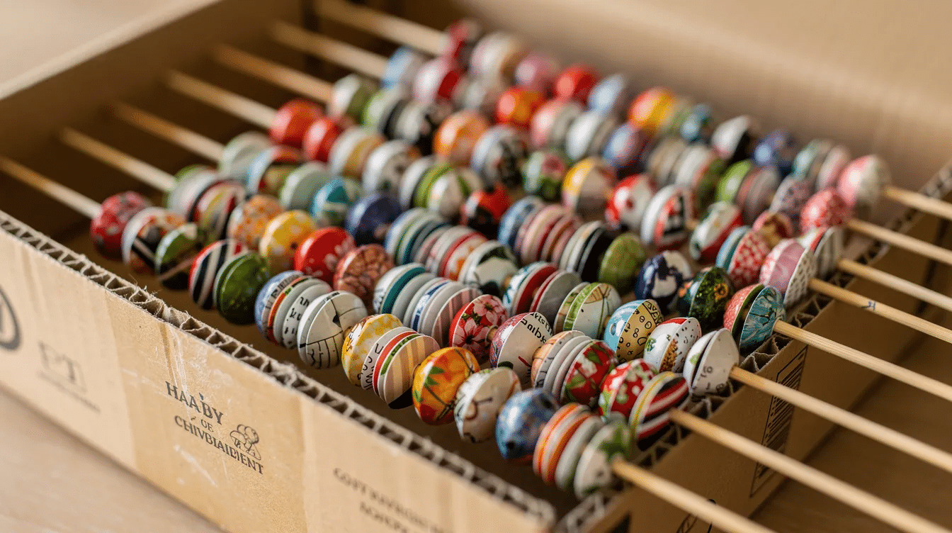 The image shows a collection of finished glossy paper beads drying on bamboo skewers arranged neatly in a cardboard box These colorful beads made from rolled magazine paper strips are ready for use in various jewelry and art projects