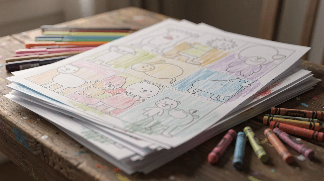 9f567bdf 6149 4eac a45a ec9cafc95938 1 A stack of homemade coloring pages is displayed alongside colorful markers and crayons inviting creativity and fun for all ages These custom coloring pages feature various illustrations perfect for anyone looking to create their own coloring book and relieve stress through art